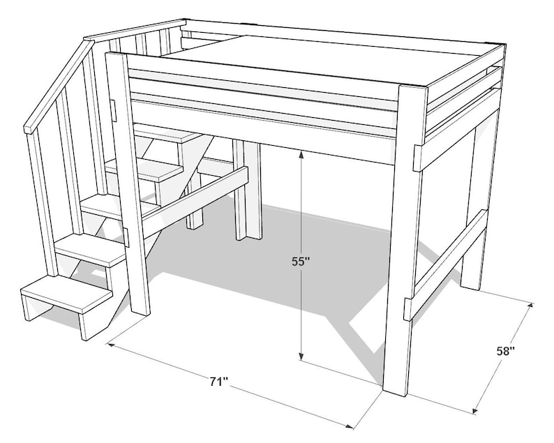 May include: A wooden loft bed with a built-in staircase. The bed frame is 71 inches long, 58 inches wide, and 55 inches high. The design is simple and functional, suitable for a child's or teenager's room.
