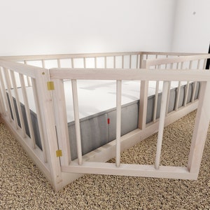 May include: A white wooden playpen with a gate that opens and closes. The playpen is on a beige carpet.