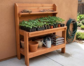 DIY-Blumentopfbank-Plan PDF: Gartenarbeitsplatz mit Aufbewahrungsregal, Anfängerbau