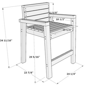 Op de afbeelding: Een houten stoel met een latten rugleuning en zitting. De stoel is 34 11/16 inch hoog, 29 5/16 inch breed en 24 1/4 inch diep.