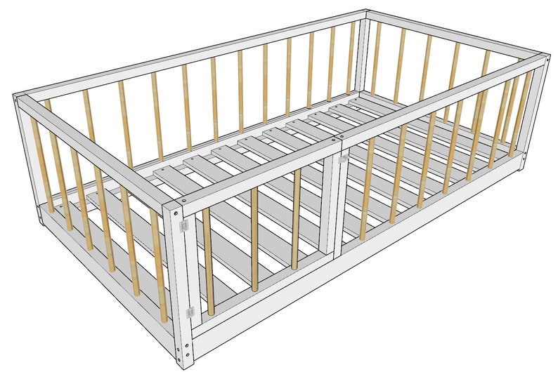 May include: White wooden crib with a white slatted mattress and brown wooden rails. The crib has a door on one side.