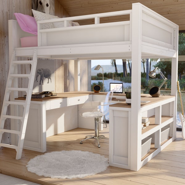 Full Loft Bed Plan with Desk and Storage, PDF Download