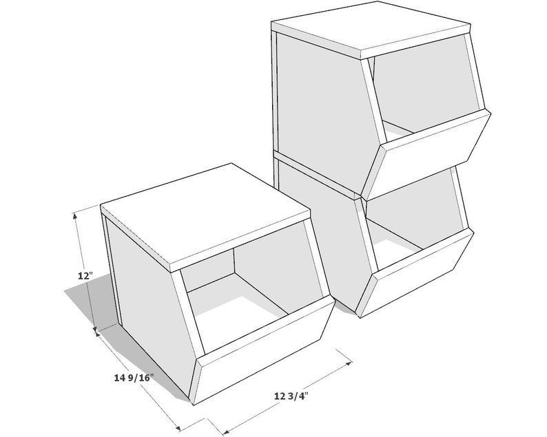 May include: A two-tiered storage unit with angled shelves, measuring 12 3/4 inches wide, 14 9/16 inches deep, and 12 inches high. The unit is made of wood and has a simple, modern design.