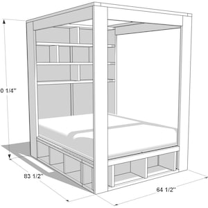 May include: Line drawing of a wooden bed frame with built-in shelves and storage drawers. The bed is 90 1/4 inches tall, 83 1/2 inches wide, and 64 1/2 inches deep.