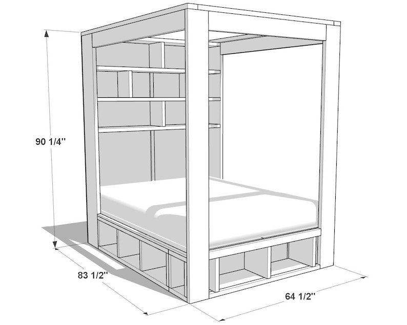 May include: Line drawing of a wooden bed frame with built-in shelves and storage drawers. The bed is 90 1/4 inches tall, 83 1/2 inches wide, and 64 1/2 inches deep.