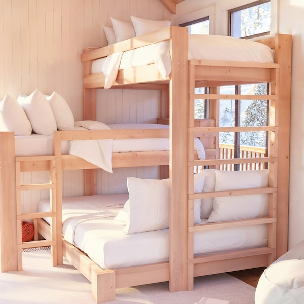 PDF Download, DIY Bunk Bed Plan, Triple Bunk Bed, Two Twin and One Queen Bunk, Beginner Project DIY Bunk Bed Instructions