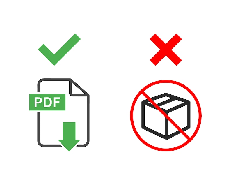 May include: A green checkmark and a red X. A black and white icon of a PDF file with a green download arrow. A red circle with a diagonal line through a black and white icon of a box.