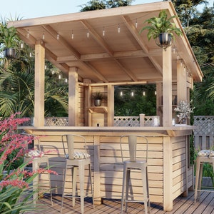 DIY outdoor bar plans featuring wall, roof, and storage shelves. Seats 5-6