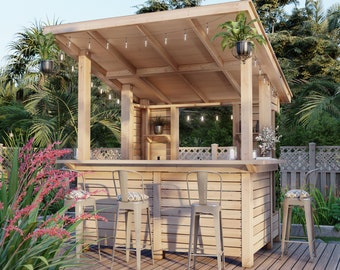 PDF Download, DIY outdoor bar plans, featuring wall, roof, and storage shelves. Seats 5-6