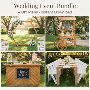 May include: A collection of four images showcasing wedding event setups. Includes a wooden arch with floral arrangements, a dessert cart, a bar with a chalkboard sign reading "cheers to love," and a table setting with white chairs and floral centerpieces. The text at the top reads "Wedding Event Bundle."