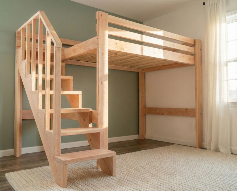 DIY Full Size Loft Bed Plan PDF: Staircase With Handrail and Safety ...