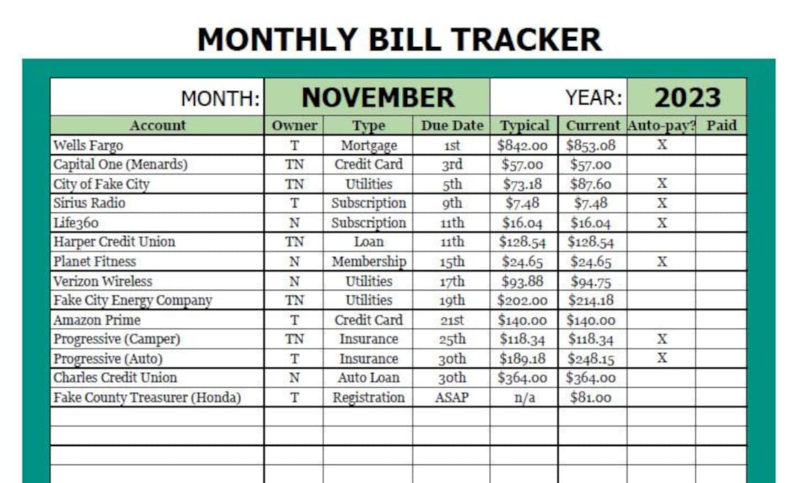 Monthly Bill Tracker Template, Printable Bill Tracking, Fillable Excel ...
