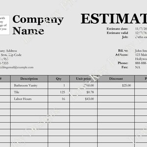 Plantilla de estimación editable, estimación imprimible, Excel rellenable, estimación comercial, estimación personalizada, finanzas comerciales, plantilla de estimación