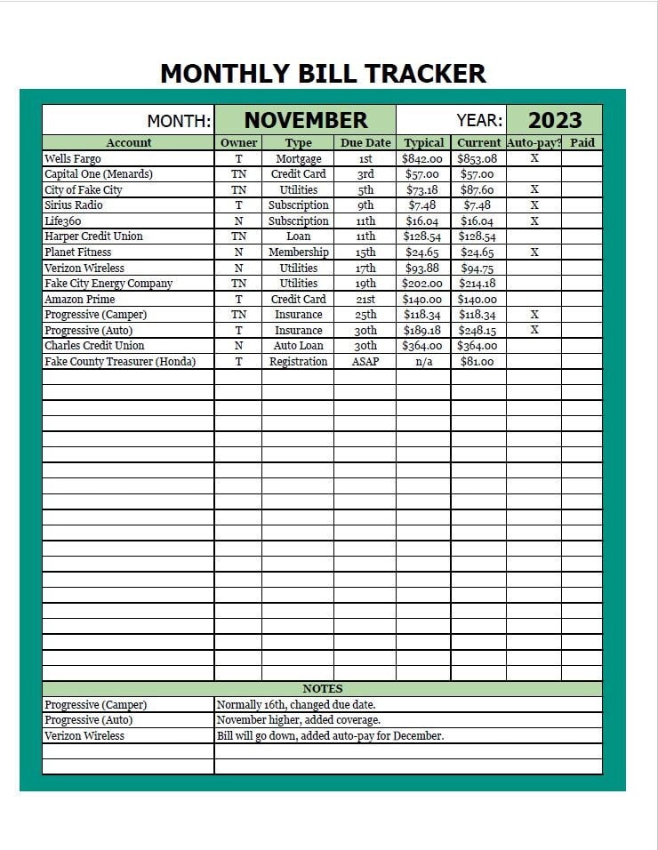 Monthly Bill Tracker Template, Printable Bill Tracking, Fillable Excel ...