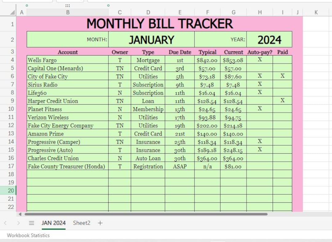 Monthly Bill Tracker Template, Printable Bill Tracking, Fillable Excel ...