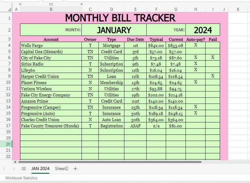 Monthly Bill Tracker Template, Printable Bill Tracking, Fillable Excel ...