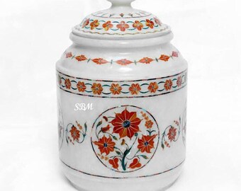 Handcrafted White Flower Pots with Inlay Marble – Perfect for Living Room Decor Indian Look ( Size - 12 Inches )