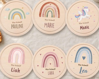 Tabla de desayuno personalizada con nombre · Arcoíris y unicornio · Tabla redonda infantil, madera de haya, 26 cm · Regalo de cumpleaños
