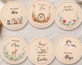 Tabla de desayuno personalizada para niños · Animales del bosque, ciervo, erizo y hada de las flores · Tabla redonda de madera de haya · Regalo de bautizo, regalo de baby shower