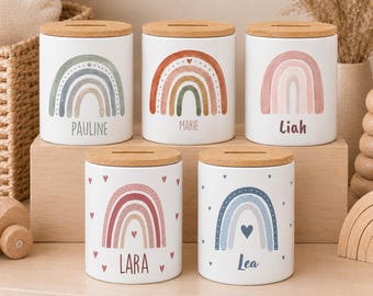 Cofrinho Arco-Íris Personalizado com Nome, Porquinho de Cerâmica com Tampa de Bambu | Decoração Boho para Quarto de Bebê | Presente para Bebê | 5 Cores