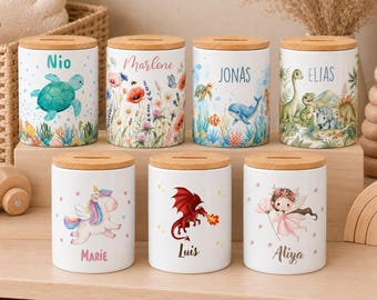 Hucha infantil personalizada con nombre | Hucha de cerámica | Con unicornio, dinosaurio, dragón y hada | Regalo de cumpleaños | 7 diseños