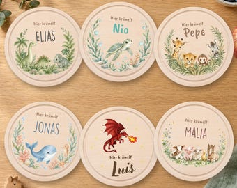 Tabla de cortar infantil personalizada con nombre · Dinosaurio, Ballena, Safari y Dragón · Tabla redonda de madera de haya para aperitivos · Regalo personalizado para el primer cumpleaños de un niño