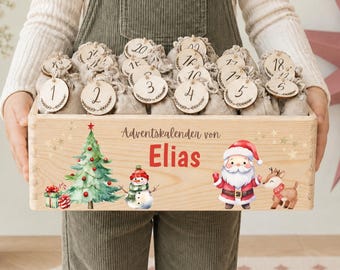 Calendario de Adviento personalizado para niños | 24 bolsitas de yute para rellenar con caja de madera | Calendario de Navidad | Papá Noel y renos
