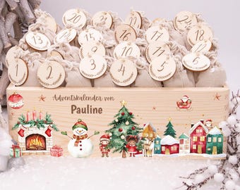 Calendario de Adviento de madera para rellenar con nombres · Caja de madera nostálgica, 24 bolsas de yute y números de madera · Pueblo invernal y chimenea · 7 diseños