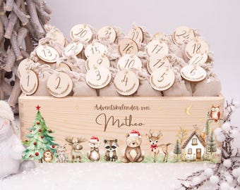 Calendario de Adviento personalizado para niños | Caja de Adviento de madera con 24 bolsitas rellenables | Animales del bosque, ciervo y zorro | 7 diseños de animales