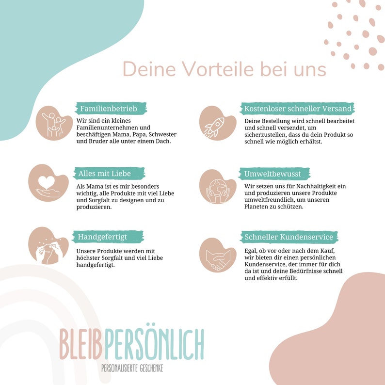 Op de afbeelding: Een grafiek met een lichtblauwe achtergrond en witte tekst die "Deine Vorteile bei uns" (Uw voordelen bij ons) luidt. De grafiek is verdeeld in vier secties, elk met een ander pictogram en tekst. De eerste sectie toont een familie-pictogram en de tekst "Familienbetrieb" (Familiebedrijf). De tweede sectie toont een raketpictogram en de tekst "Kostenloser schneller Versand" (Gratis snelle verzending). De derde sectie toont een wereldpictogram en de tekst "Umweltbewusst" (Milieuvriendelijk). De vierde sectie toont een handdrukpictogram en de tekst "Schneller Kundenservice" (Snelle klantenservice). De grafiek bevat ook de tekst "BLEIB PERS&Ouml;NLICH" (Blijf persoonlijk) en "PERSONALISIERTE GESCHENKE" (Gepersonaliseerde geschenken).