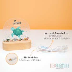 Op de afbeelding: Een helder acryl nachtlampje met een houten voet heeft een cartoon zeeschildpad en de naam "Leon" met de datum "20.10.2023". Het lampje wordt gevoed door een USB-kabel en heeft een afstandsbediening om de helderheid en kleurtemperatuur aan te passen.