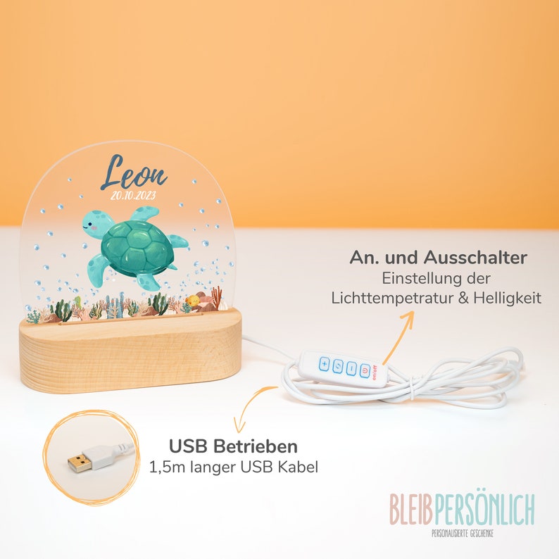 Op de afbeelding: Een helder acryl nachtlampje met een houten voet heeft een cartoon zeeschildpad en de naam "Leon" met de datum "20.10.2023". Het lampje wordt gevoed door een USB-kabel en heeft een afstandsbediening om de helderheid en kleurtemperatuur aan te passen.
