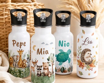 Personalized children's water bottle with name – stainless steel with animal motif and straw, for daycare & school