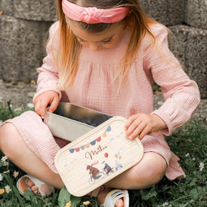 Boîte à lunch cadeau d'inscription scolaire animaux mignons nom personnalisé - cadeau d'école de garderie de maternelle boîte à lunch en acier inoxydable couvercle en bambou