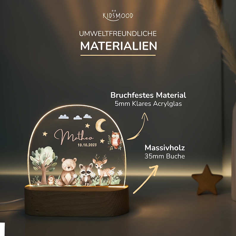 May include: A personalized night light with a woodland theme. The light features a clear acrylic panel with a forest scene, including a bear, raccoon, deer, and owl. The name "Matheo" and the date "10.10.2023" are printed on the panel. The light is mounted on a wooden base.