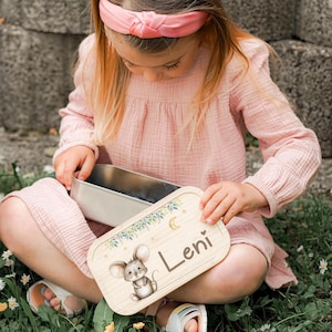 Boîte à lunch personnalisée mignonne souris nom personnalisé - cadeau école maternelle garderie boîte à lunch en acier inoxydable couvercle en bambou