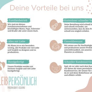 May include: A graphic with a light blue background and white text. The text reads "Deine Vorteile bei uns" which translates to "Your benefits with us". The graphic features four sections with icons and text describing the benefits of shopping with the company. The benefits include: family-owned business, free and fast shipping, environmentally conscious, and fast customer service. The graphic also includes the text "BLEIB PERS&Ouml;NLICH" which translates to "Stay Personal".