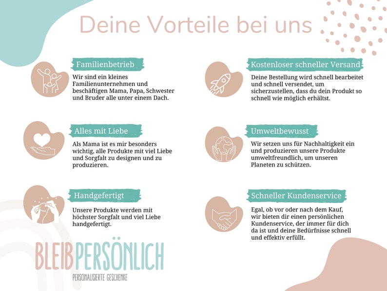 May include: A graphic with a light blue background and white text. The text reads "Deine Vorteile bei uns" which translates to "Your benefits with us". The graphic features four sections with icons and text describing the benefits of shopping with the company. The benefits include: family-owned business, free and fast shipping, environmentally conscious, and fast customer service. The graphic also includes the text "BLEIB PERS&Ouml;NLICH" which translates to "Stay Personal".