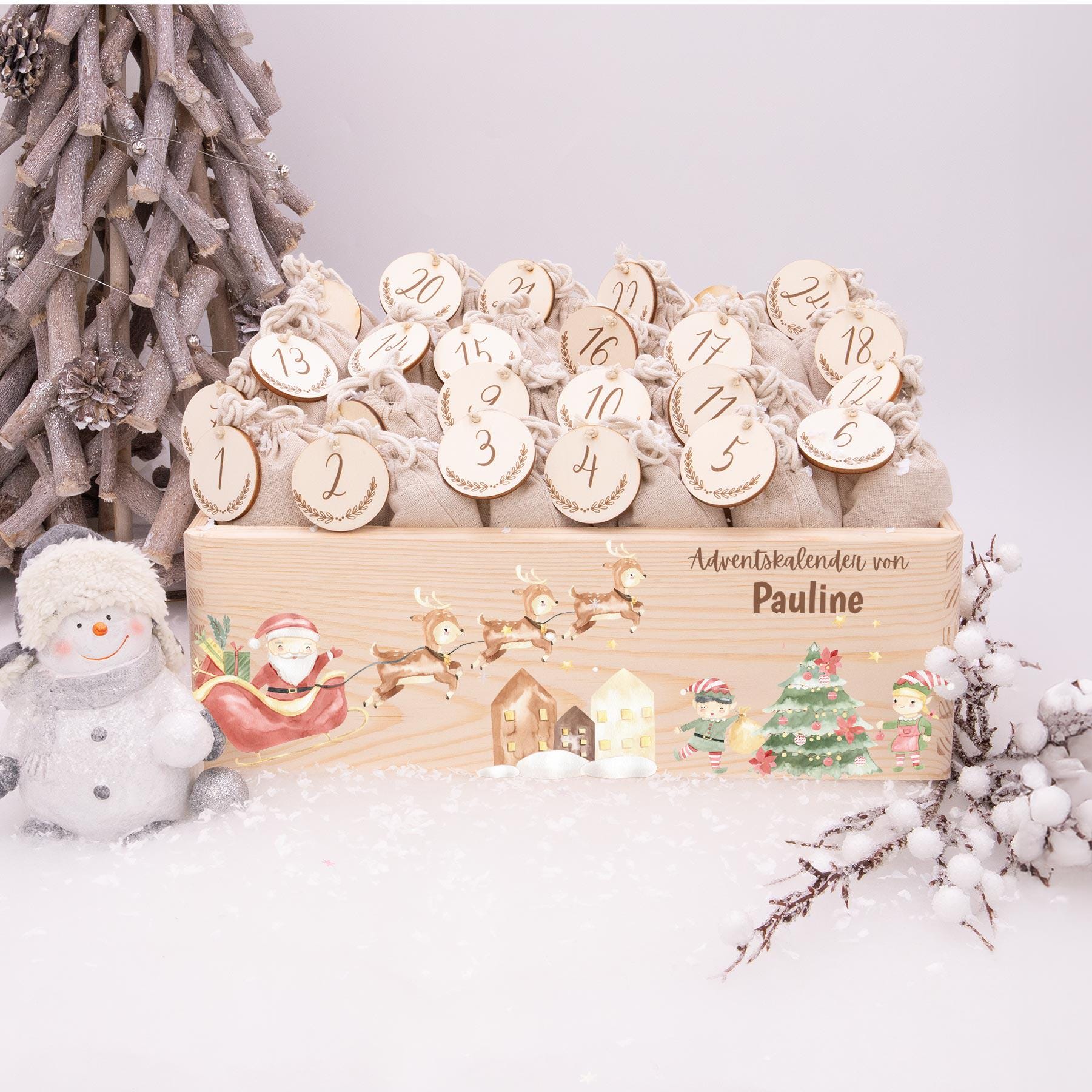 Calendario dell'Avvento personalizzato con nome da riempire da solo in legno - Calendario dell'Avvento fai da te con sacchetti di iuta e numeri - Pan di zenzero - Italia