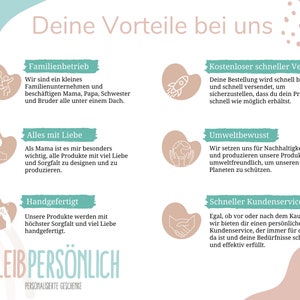 May include: A graphic with a light blue background and white text. The text reads "Deine Vorteile bei uns" which translates to "Your benefits with us". The graphic features four sections with icons and text describing the benefits of shopping with the company. The benefits include: family-owned business, free and fast shipping, environmentally conscious, and fast customer service. The graphic also includes the text "BLEIB PERS&Ouml;NLICH" which translates to "Stay Personal".