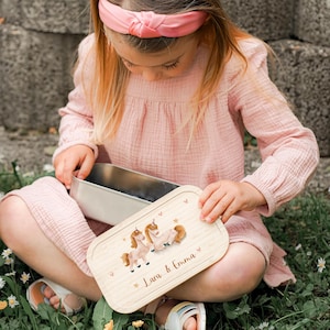 Boîte à lunch cadeau d'inscription scolaire licornes nom personnalisé - cadeau d'école maternelle garderie boîte à lunch en acier inoxydable couvercle en bambou