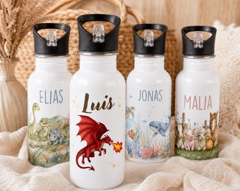 Personalized water bottle for boys with name – stainless steel dinosaur, dragon and sea with straw, kindergarten & school, 4 designs, back to school, gift