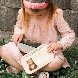 Boîte à lunch cadeau d'inscription scolaire ours mignon nom personnalisé - cadeau d'école de garderie de maternelle boîte à lunch en acier inoxydable couvercle en bambou