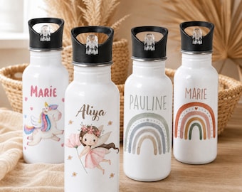 Personalized Rainbow Water Bottle for Girls – Stainless Steel with Name and Unicorn, Straw, Suitable for Daycare & School, 7 Designs, School, Kindergarten