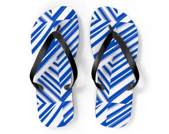 Chanclas con rayas geométricas azules / Sandalias de playa con estampado náutico de espiga