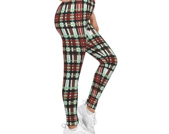 Red Green Plaid Pattern Leggings | Plaid Leggings