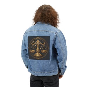 Gold Scales of Justice Men's Denim Jacket | Libra Zodiac Back Patch