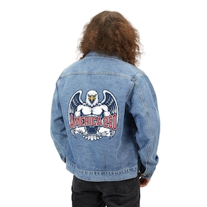 Giacca di jeans da uomo con grafica Eagle / Toppa posteriore America 250