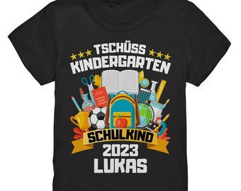 Schulkind 2024 T-Shirt mit Name, personalisiertes Shirt zur Einschulung Spruch "Tschüss Kindergarten" Schulanfang Geschenk