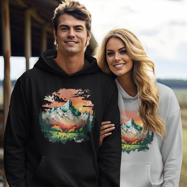 Outdoor Unisex Premium Hoodie mit Berglandschaft, Abenteuer Herren Kapuzen-Sweatshirt, Hoodie Berge, Outdoor Sweatshirt